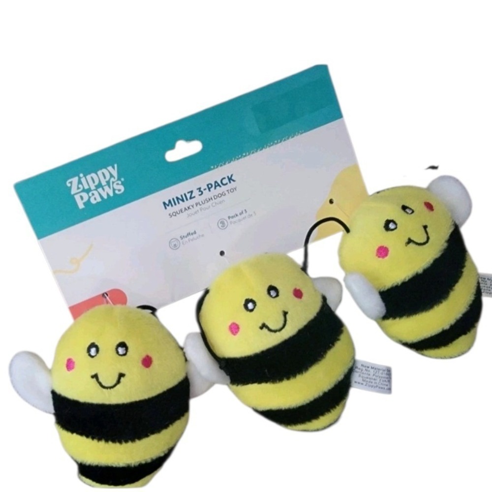 ZippyPaws Miniz 3-Pack Squeaky Plush Dog Toy Bumble Bee Yellow Black Striped